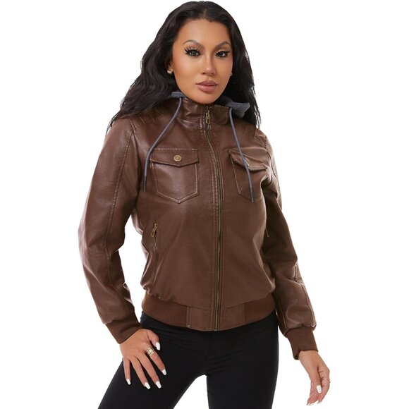 Women Camel Faux Leather Waterproof Motorcycle Bomber Biker Jacket - Picture 8 of 8